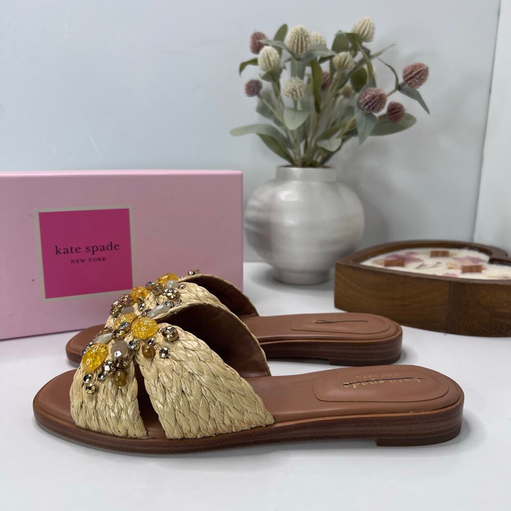 Kate Spade Dock Crystal Natural Braided Raffia Slide 10011323 Women 7B NWB - Picture 2 of 10